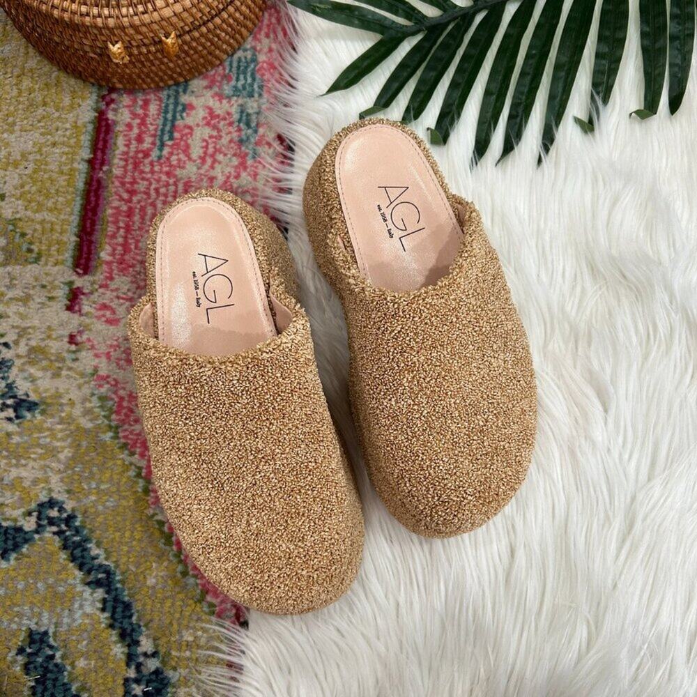 $595 AGL Beige Boho Slip On Chunky Platform Clog Mule 37 / 7 Resortwear Vacation - Picture 2 of 10